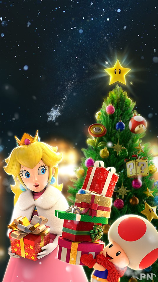 Fond d'écran mobile Peach et Toad chargés de cadeaux (Noël Nintendo 2020)