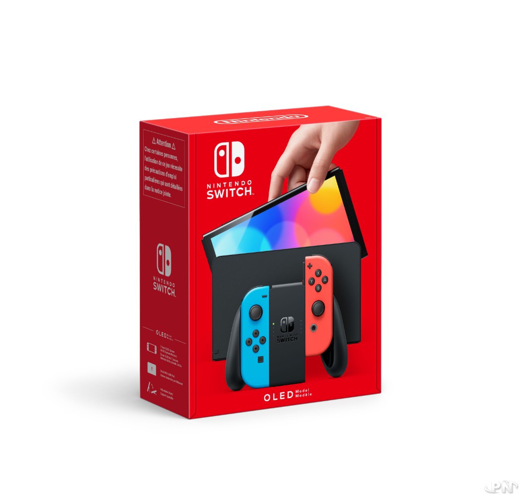 Packaging de la Switch OLED bleu et rouge néon