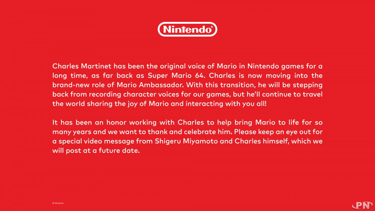 Communication officielle de Nintendo sur le rôle d'ambassadeur Mario que jouera désormais Charles Martinet.