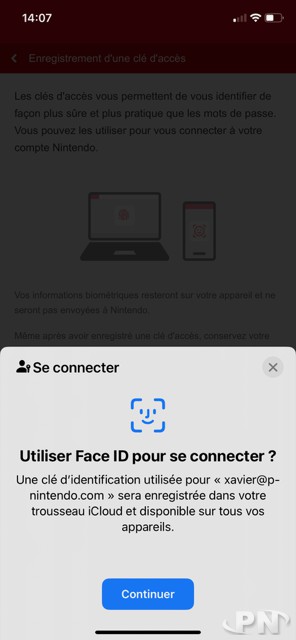 Sur iPhone, Passkey utilise FaceID pour se connecter à son compte Nintendo