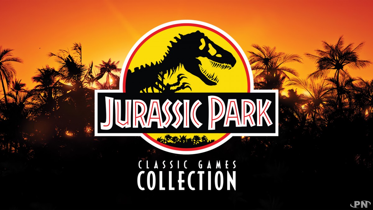 Logo avec fond coucher de soleil de Jurassic Parc Complete Games Collection