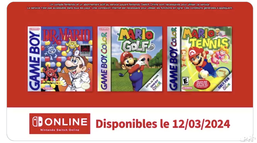 Sortie de 3 jeux Mario sur Nintendo Switch Online Game Boy le 12 mars 2024 : Dr Mario, Mario Golf et Mario Tennis