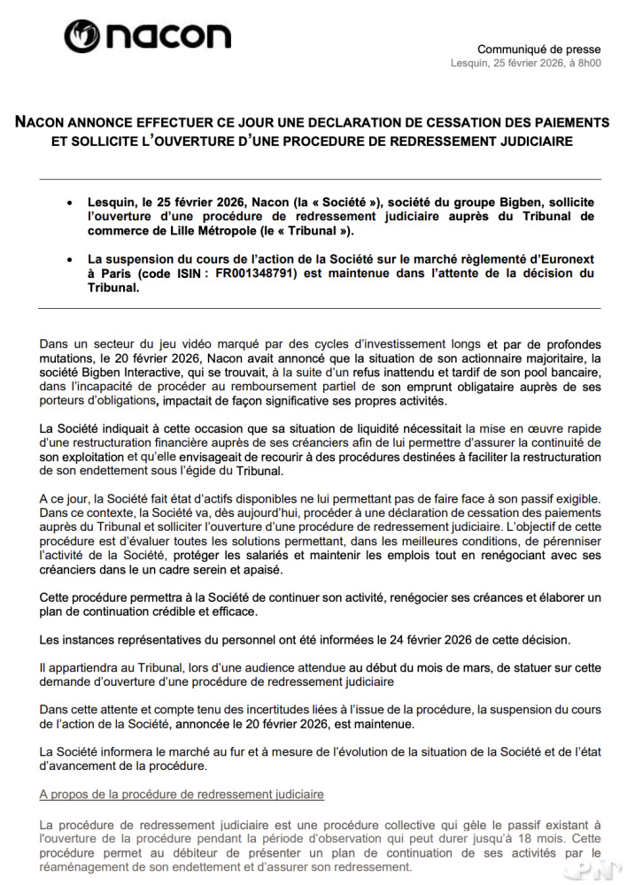 Communiqué de presse annonçant le placement en cessation des paiements de Nacon ce 25 février 2026